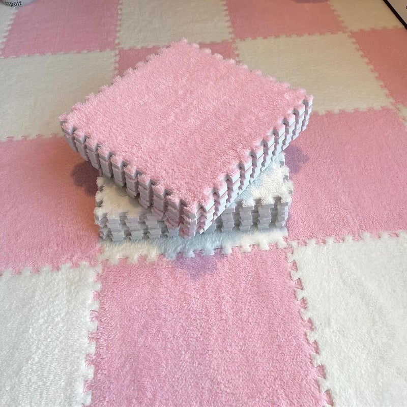 Typutomi 12pcs Plush Puzzle Foam Floor Mat, Cute Soft Fluffy Interlocking Square Foam Tiles Area Rugs Carpet for Parlor Bedroom Decoration(11.8x11.8x0.4in, Pink&White) - Image 1